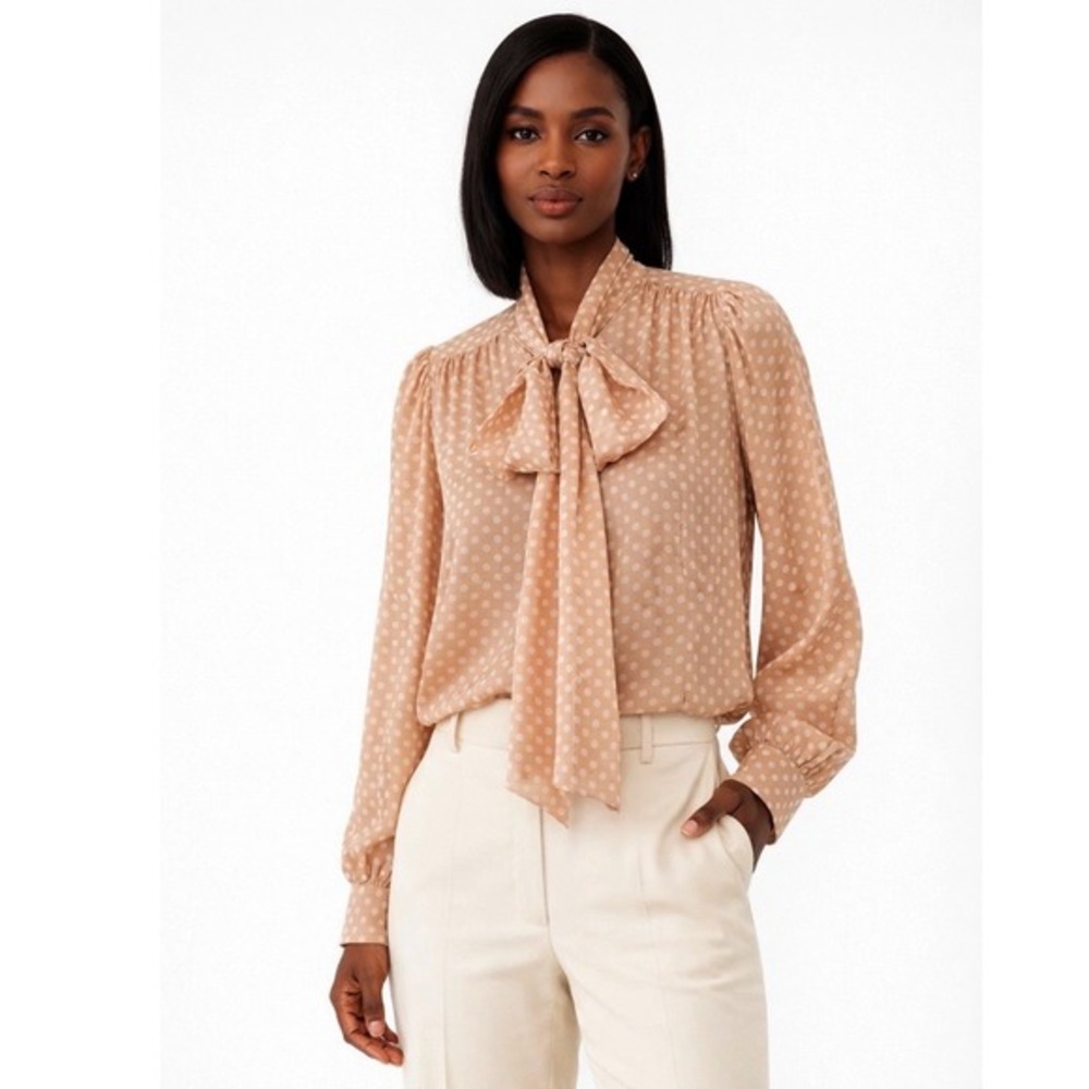 Eva Mendes New York & Co Polka Dot Bow Blouse Tan Ivory S Modern Preppy 79-59